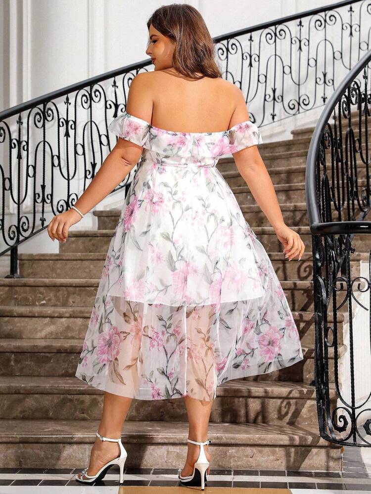 Plus Size Floral Print Off-Shoulder Cinching Waist Dress, Wedding Guest Dress