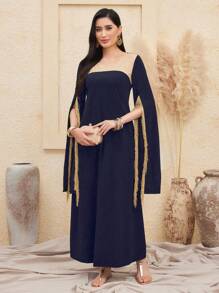 Al Najma Patchwork Lace Fringe Trimmed Split Sleeve Kaftan - Blue - View 5