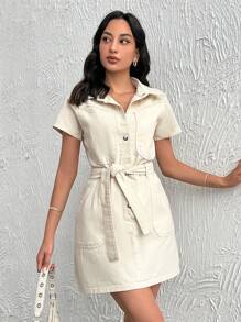 EURMUSE Women's Short Sleeve Denim Shirt Dress - Beige - View 5