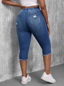 SHEIN SXY Distressed Denim Skinny Hose Mit Hoher Elastizität Und Elastischem Bund Für Damen In Übergröße - Mittele Waschung - Übersicht 2