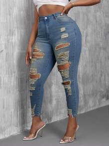 Slaydiva Plus Size Stretchy Ripped Skinny Jeans - Blue - View 4