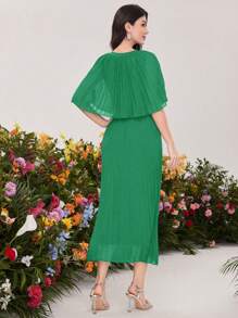 Modelyn 女士純色圓領褶皺洋裝 - 綠色 - 查看 2