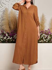 Mulvari 纯色纹理纽扣连帽朴素长袖连衣裙