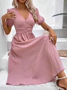 Breezaya Đầm Maxi Cổ Chữ V Màu Trơn Thắt Eo Thường Ngày Trang Phục Đi Biển Kỳ Nghỉ Cho Nữ - Bụi hồng - Xem 3