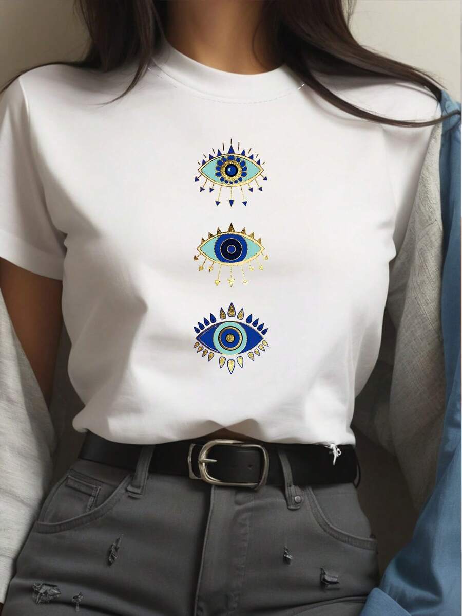 INAWLY Eye Print T-Shirt Graphic Tees Women Tops - White - View 1