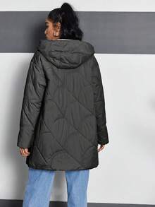 HaiLuoZi Women's Solid Color Drop Shoulder Long Sleeve Pockets Hooded Padded Coat - Black - View 4