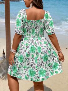 Breezaya Plus Size Floral Printed Square Neck Puff Sleeve Bubble Hem Dress