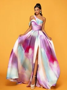 镂空不对称领长款高端优雅渐变扎染正式晚礼服舞会婚礼宾客礼服，适合毕业典礼、晚宴派对礼服 - 淡紫色 - 查看 3