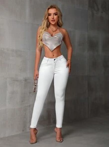 SHEIN SXY Women's White Skinny Jeans - White - View 6