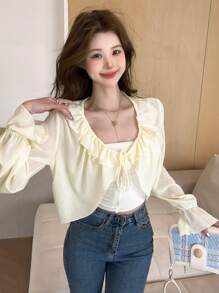 DAZY Solid Ruffle Trim Tie Front Flare Sleeve Jacket - White - View 6