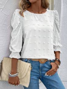 Calvaya Schweizer Punkt Muster Freizeithemd mit rundem Kragen, Tops mit Dreiviertel-Ärmeln