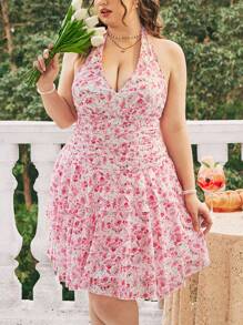 Dreamara Plus Size Floral Print V-Neck Ruffle Trim Halter Neck Dress