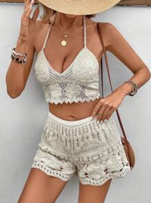 SHEIN VCAY Resort V-Neck Halter Knitted Top And Shorts - Apricot - View 1