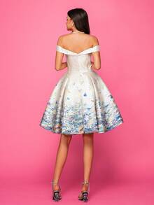 Patterned One-Shoulder Twist A-Line Cocktail Dress - Champagne - View 2