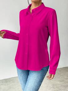 SHEIN Clasi Camisa de mujer de unicolor minimalista con botones, blusas de manga larga
