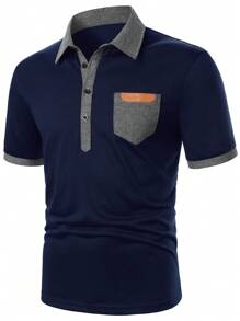 Calvornis Men Color-Block Short Sleeve Collar Business Casual Polo Formal Shirt, For Husband, For Going Out, Ceremony - Navy Blue - View 3