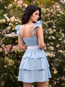 GENKIRA 甜美女孩短款盖袖撞色腰部分层荷叶边连衣裙 - 藍白色 - 查看 2