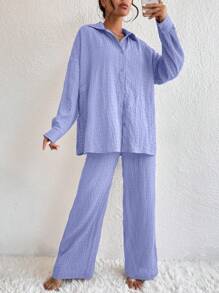 SHEIN LUNE 純色紋理落肩襯衫和直筒褲 - 淺藍色 - 查看 3