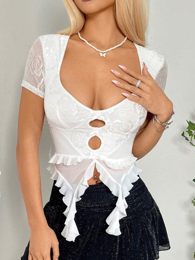 Y2k Slim Fit Lace Contrast Mesh Sheer Hem Asymmetrical Hemline T-Shirt With Ruffle Trim White Tops Kpop Style Summer Music Festival Festival