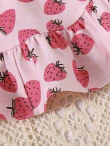 SHEIN 4pcs/Set Adorable Knitted Soft Strawberry Patterned Top & Shorts With Solid Ruffle Trimmed Camisole And Home Wear For Baby Girls - Dusty Pink - View 5