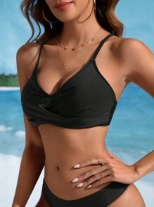 SHEIN Swim Top de bañador con tirantes de espagueti cruzados de unicolor para mujer, top de bikini con tirantes ajustables para el verano y la playa