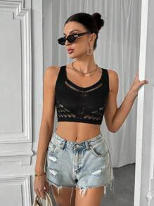 Chiquease Women's Sleeveless Knitted Top With Hollow Out Design - Black - View 1