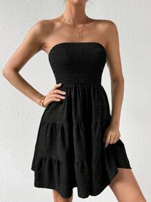 SHEIN LUNE Solid Color Ruffles Hem Strapless Dress