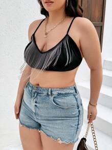 SHEIN CURVE+ Plus Size Splice & Tassel Design Crop Top With Spaghetti Straps