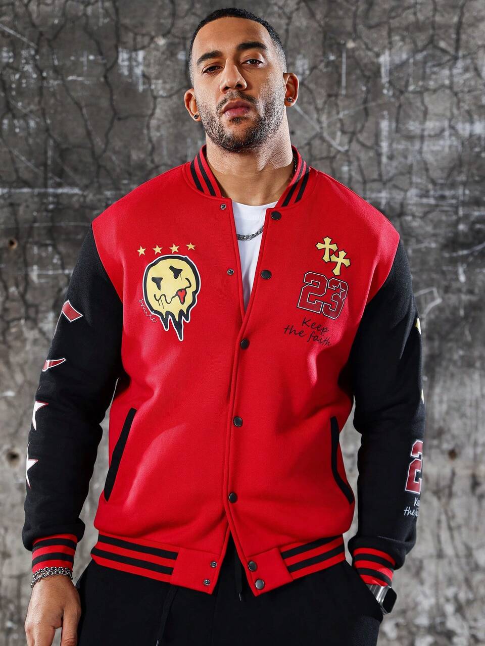 Men's Plus Size Color-Blocking Letter & Emoji Print Baseball Jacket