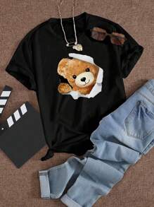 SHEIN EZwear 女士卡通熊印花圓領t恤