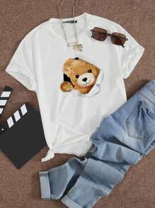 INAWLY Của phụ nữ Gấu In Áo thun - trắng - Xem 1