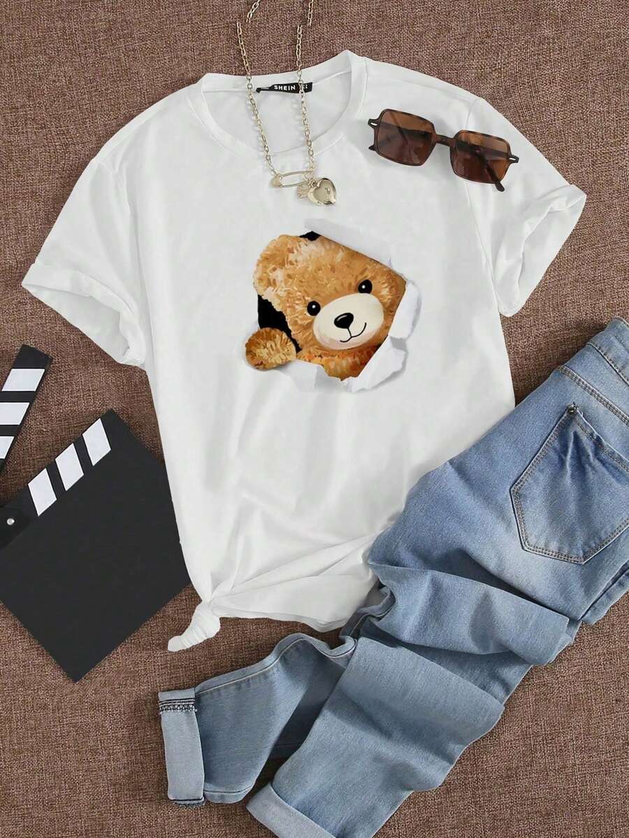 INAWLY Của phụ nữ Gấu In Áo thun - trắng - Xem 1