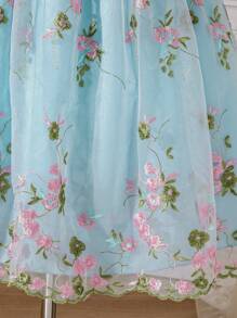 Teen Girl Floral Embroidery Pleated Dress For Summer - Baby Blue - View 4