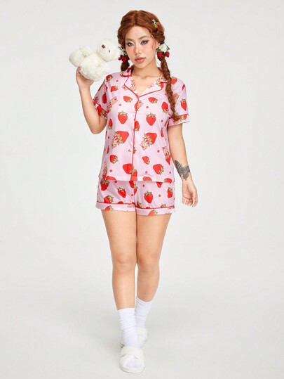 Kawaii Women's Strawberry Patterned Short Sleeve Button Down Top And Shorts Pajama Set