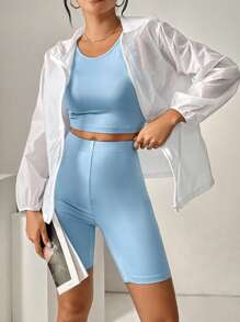 SHEIN Essnce 3入組純色休閒多用途藍色背心、短褲和防曬外套,適用於騎行、防曬 - 藍白色 - 查看 3