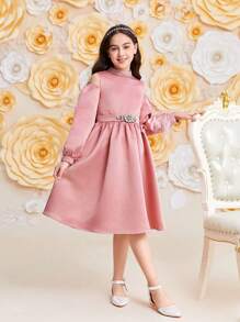 SHEIN Tween Girl Rhinestone Trim Stand Collar Cutout Shoulder Dress - Pink - View 8