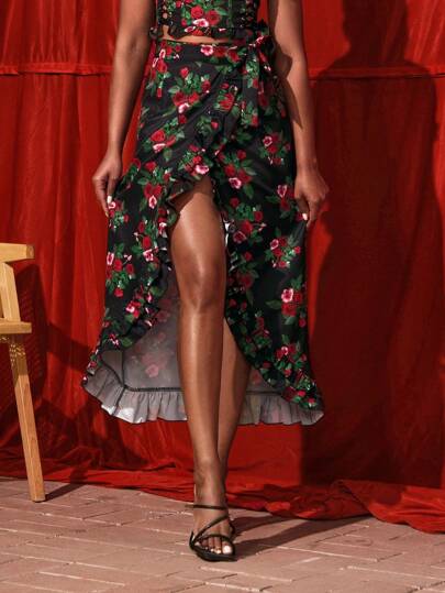 LeeNa 设计师波西米亚风花卉裹身优雅裙，带褶边，适合夏季、节日、派对、度假、春季、海滩、节日、伊比沙岛