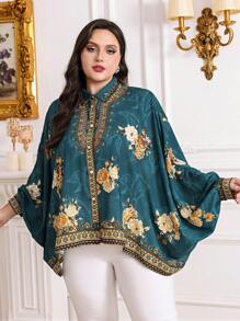 Mulvari Plus Size Floral Print Button Front Batwing Sleeve Shirt