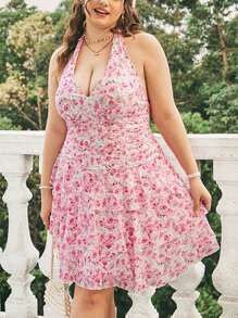 Dreamara Plus Size Floral Print V-Neck Ruffle Trim Halter Neck Dress
