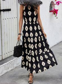 SHEIN VCAY 无袖印花束腰裹身连衣裙 - 黑色 - 查看 1