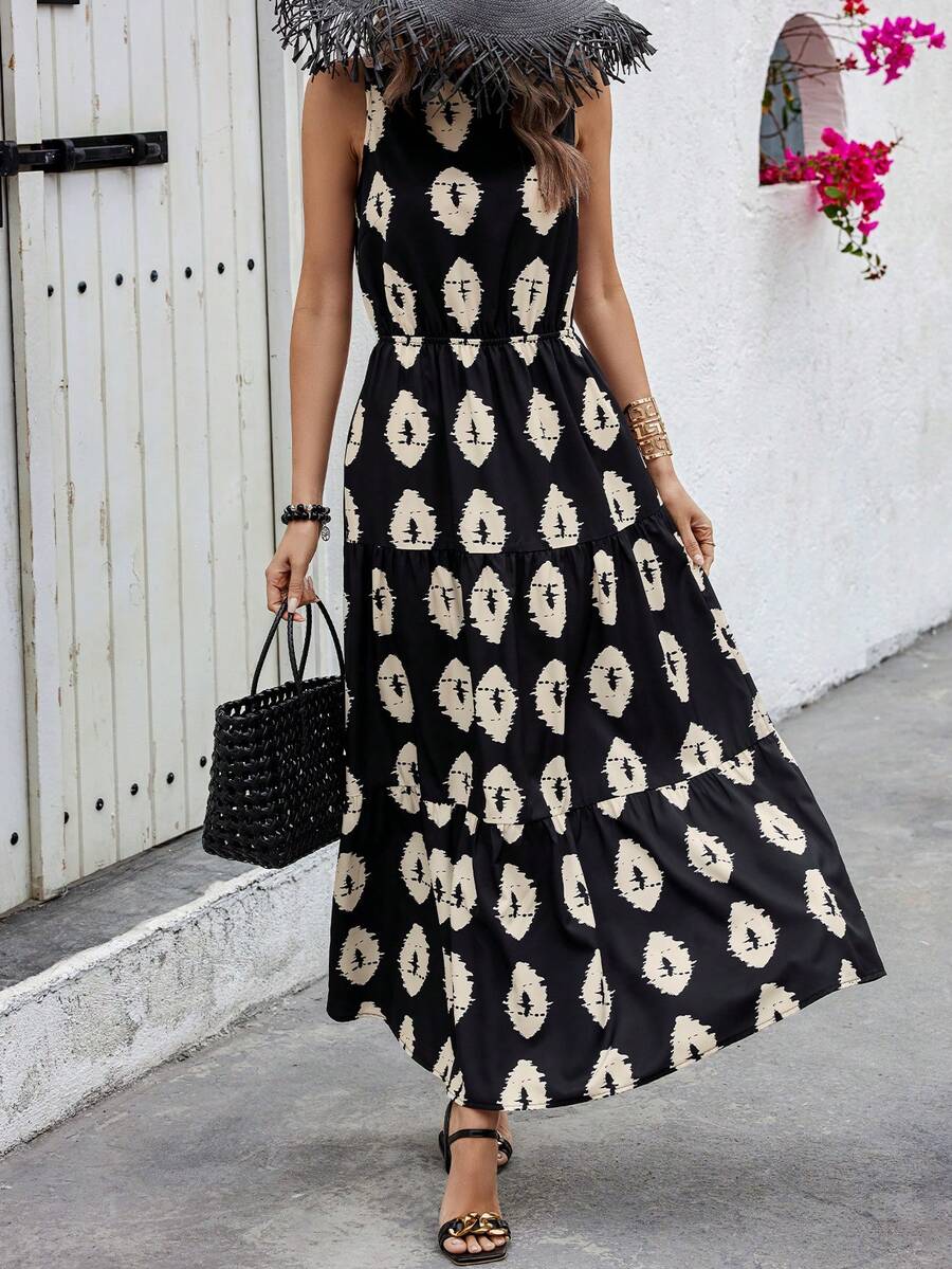 SHEIN VCAY 无袖印花束腰裹身连衣裙 - 黑色 - 查看 1