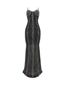 Solid Color Mesh Rhinestone Decor Strap Dress - Black - View 3