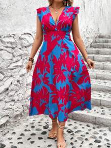 SHEIN Clasi 大碼植物圖案v領聚褶腰身裙 - 彩色 - 查看 1