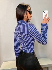 Flirla Women's Single-Breasted Striped Long Sleeve Shirt Fall Cloth For Women - Royal Blue - View 2
