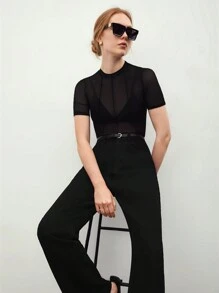 BizChic 網紗圓領修身短袖上衣 - 黑色 - 查看 1