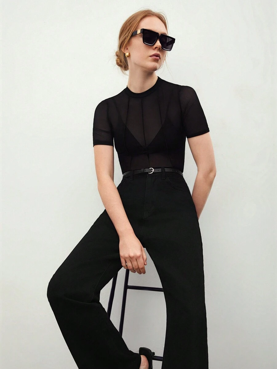 BizChic 網紗圓領修身短袖上衣 - 黑色 - 查看 1