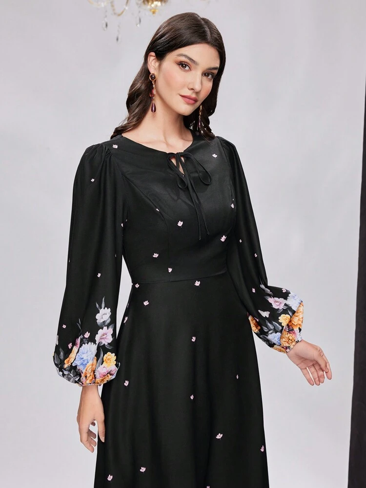 Women's Arab Style Belted Lantern Sleeve Floral Print Dress