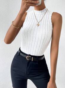 Calvaya Top De tank unicolor Acanalado De Cuello Alto Para Mujer - Blanco y Negro - Ver 5