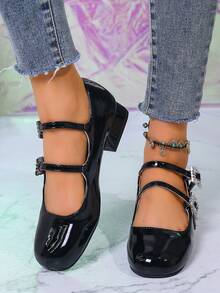 2024 Mới Mùa Xuân Mùa hè Mary Jane Của phụ nữ Giày dép Phong cách Pháp Cắt thấp Da đen Giày dép Với Kim cương giả Và 3cm Giày cao gót - màu đen - Xem 3