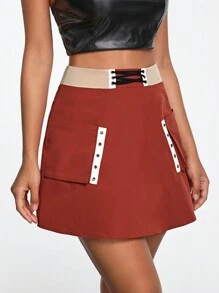 Zisun Designer Color Block High Waist Double Pocket Mini Elegant Skirt, For Summer, Holiday, Party, Vacation, New Year Eve, Festival - Red - View 1